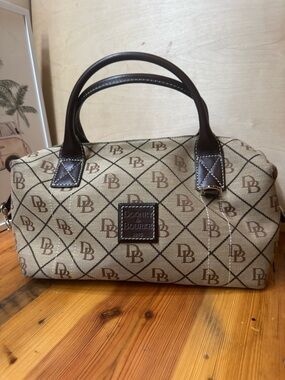 Dooney & Bourke Beige Monogram Top-Handle Satchel with Brown Trim